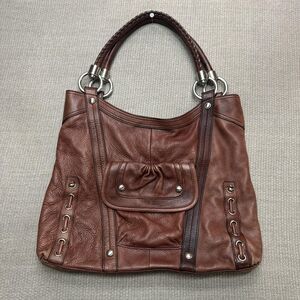Vintage brown leather Makowski shoulder bag with Y2K chunky silver hardware